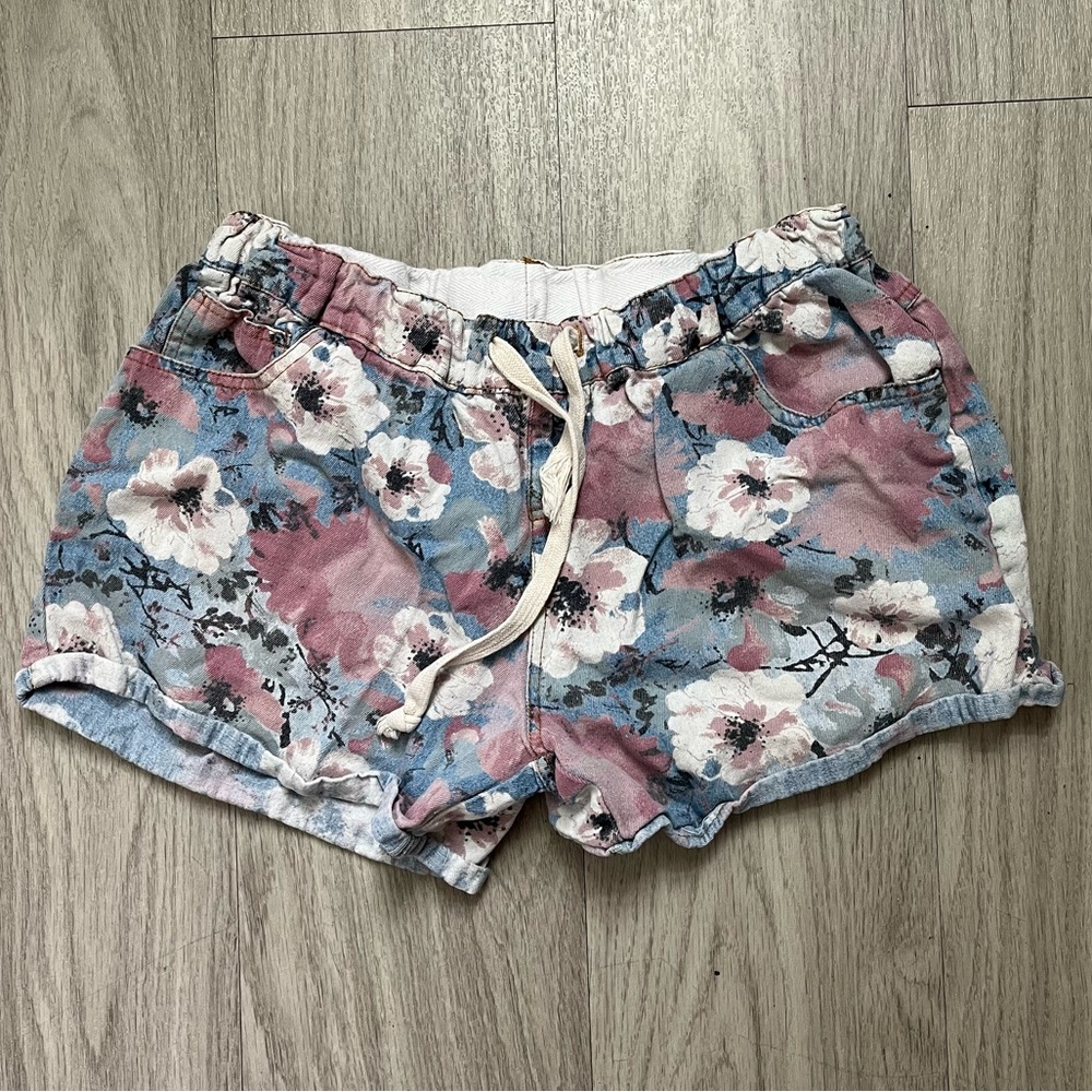Floral Drawstring Soft Denim Shorts